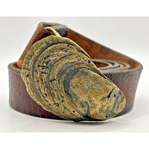 Naragansett Leather Belt with Brass Cast Oyster Shell Buckle Vintage HTF Belt